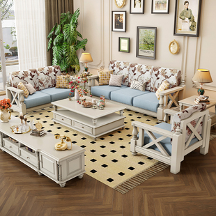 美式白色沙发实木布艺复古小美乡村小户型客厅，家具三人位123组合