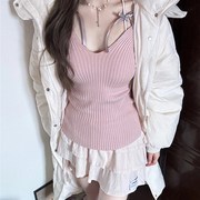 粉色V领纯欲风露肩长袖针织衫女内搭假两件修身显瘦打底衫上衣