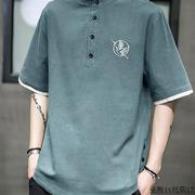 亚麻短袖t恤男士夏季中国风棉麻墨绿色，半袖体恤潮牌大码衣服