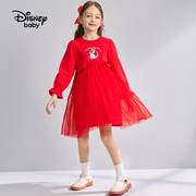 迪士尼2024春装女童甜美长袖连衣裙大红儿童网纱拼接公主裙新年服
