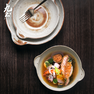 九土粗陶餐盘创意防烫双耳碗家用日式餐具手工刷釉窑变汤盆面碗盘