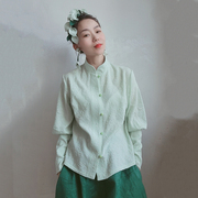 百合春夏女士上衣立领长袖衬衫文艺复古原创设计豆沙绿色