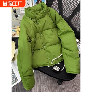 绿色短款羽绒棉服女2023冬季韩版宽松设计感加厚保暖棉衣外套
