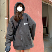 高版本 chancechance韩国CEC外套拉链开衫加绒加厚连帽宽松卫衣女