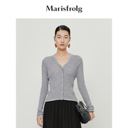 商场同款玛丝菲尔针织衫春季灰色V领羊毛修身长袖毛衣女