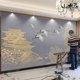 中式电视背景墙壁纸壁画，客厅酒店会所8d立体浮雕，壁布影视墙布