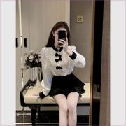 纯欲风套装女白色蝴蝶结设计感新中式衬衫女黑色百褶半身裙两件套