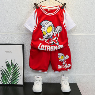 奥特曼套装男童夏装2024洋气酷帅红色运动篮球服发光儿童衣服