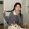 韩国chic秋季小众减龄撞色娃娃领坑条修身显瘦单排扣长袖针织衫女