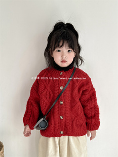 小苹果韩版新年款春秋男女童宝宝麻花纹针织，开衫儿童洋气毛衣潮