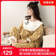 春秋季梭织纯棉长袖睡衣女韩版格子可爱日式秋天公主风家居服套装