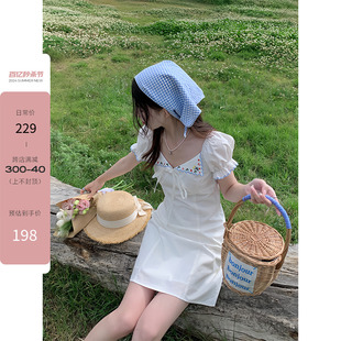 cozydays法式花卉刺绣连衣裙，女设计感绑带夏季收腰白色度假裙子