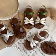 韩国童鞋2023女童夏季韩版花朵撞色凉鞋儿童，罗马编织带公主鞋