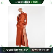 香港直邮潮奢asos女士设计缎面，斗篷式雪纺，层铁锈色长款连衣裙