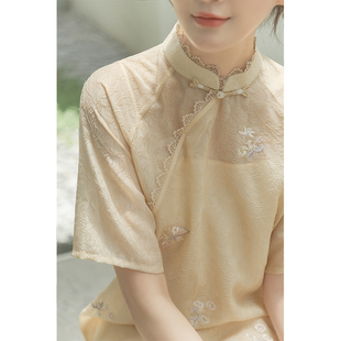 山有色中国风复古女装夏季改良旗袍中式立领短袖绣花连衣裙
