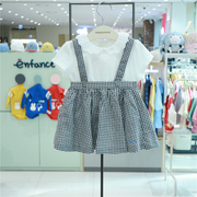 Happy land女童背带裙套装24夏季韩国蕾丝领白T恤+格子短裙