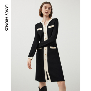 朗姿法式羊毛高腰v领气质，高级感设计感女秋冬黑色针织连衣裙