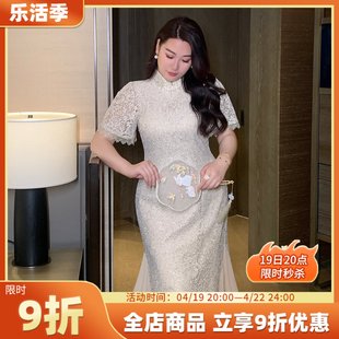 GLEC高端胖mm大码女装2024年改良复古国风鱼尾旗袍蕾丝连衣裙