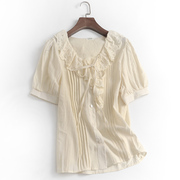 X433纯色褶皱宽松显瘦蕾丝娃娃领夏季2023减龄甜美短袖女衬衫