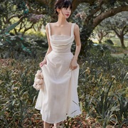 winnicelh设计师优雅气质收腰连衣裙，礼服晨袍香槟白色小白裙长裙