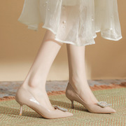 5厘米闪闪水钻全包夏季女鞋小香风纯色矮跟单鞋细跟软皮高跟鞋