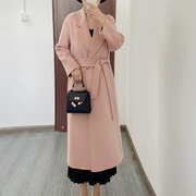 粉色高端双面羊绒大衣女士长款系带温柔100%羊毛呢子外套时尚宽松