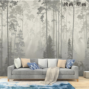 北欧现代简约风景壁纸森林丛林手绘树林壁画客厅电视背景定制墙纸