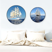 儿童房装饰画圆形有框画一帆风顺帆船挂画客厅卧室床头餐厅墙壁画