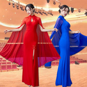 优雅晚礼服气质红色晚装女装连衣裙，披风舞台服显瘦中国风改良旗袍