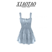 法式奶蓝色吊带连衣裙女夏季小个子系带收腰显瘦纯欲气质短款裙子