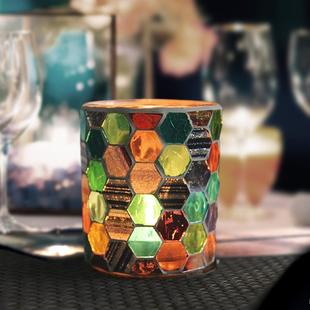 欧式多彩六边杯形d7.5*8.5cm马赛克玻璃烛台现代家居烛光晚餐装饰