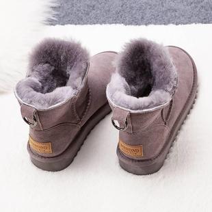 冬季羊皮毛一体雪地，靴女靴子牛皮羊毛中筒棉鞋，防滑底短筒加绒短靴
