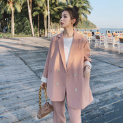 粉红色西装外套女设计感小众，韩版2024春秋高级感套装小西服两件套