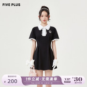 fiveplus女夏装花边，领短袖连衣裙女修身高腰，气质短裙子