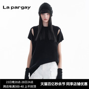 纳帕佳镂空套头短袖，毛织针织衫2024春季女式黑色个性休闲上衣