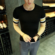 男士条纹夏季冰丝针织衫短袖T恤圆领上衣男装体恤修身韩版潮线衣