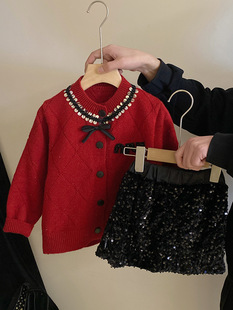 女童新年装毛衣开衫外套小香风菱形珠片针织开衫洋气新年红色衣服