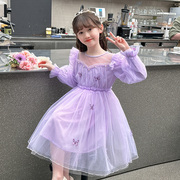 女童公主裙春秋高端礼服，洋气夏季小女孩，蓬蓬纱裙子儿童紫色连衣裙