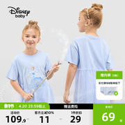 迪士尼童装女童针织网，纱拼接中长款儿童速干短袖t恤2024夏装