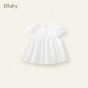 elfairy女童短袖宝宝夏装纯棉娃娃，衫2024儿童公主方领上衣薄