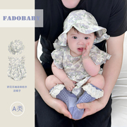 婴儿衣服纯棉碎花薄款连体衣，夏季韩版女宝宝，飞袖包屁哈衣爬服送帽