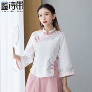 民族风汉服女小个子中国风女装夏季中式绣花旗袍上衣唐装棉麻套装