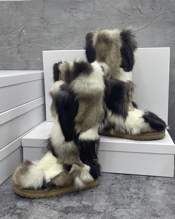2023冬季狐狸毛毛鞋，厚底拼色长筒羊，皮毛加厚防滑保暖雪地靴子
