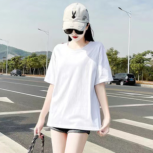 100%纯棉白色t恤女短袖夏季中长款大码宽松五分袖上衣减龄半袖衫