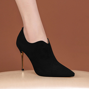 纯黑色高跟鞋超细跟春秋季时尚性感小踝靴尖头深口单鞋女真皮