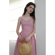 miora studio法式复古粉色吊带高腰连衣裙 V领宫廷风经典气质裙子
