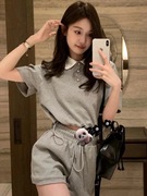 灰色套装女时尚韩版polo领拼色短袖T恤休闲短裤运动显瘦两件套潮