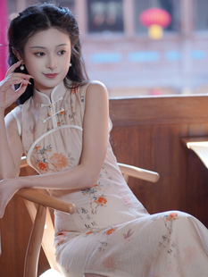 新中式复古国风印花少女长裙文艺女学生无袖修身显瘦旗袍年轻款