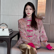 新中式国风盘扣提花粉色外套，女24早春超好看的高级感唐装上衣