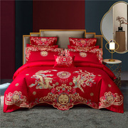 月诺婚庆四件套大红刺绣花新婚床上用品，结婚被子喜被1.8m床六件套